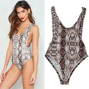 Nasty Gal Snake Print Scoop Neck Bodysuit XS Reptile Low Back Cheeky